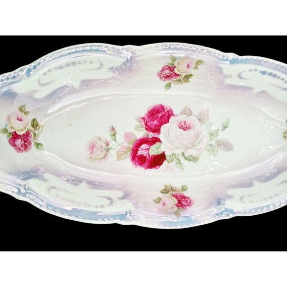 Lusterware Relish Tray Handles Rose Floral Porcelain Dish Vintage German 9.5" - Picture 5 of 15